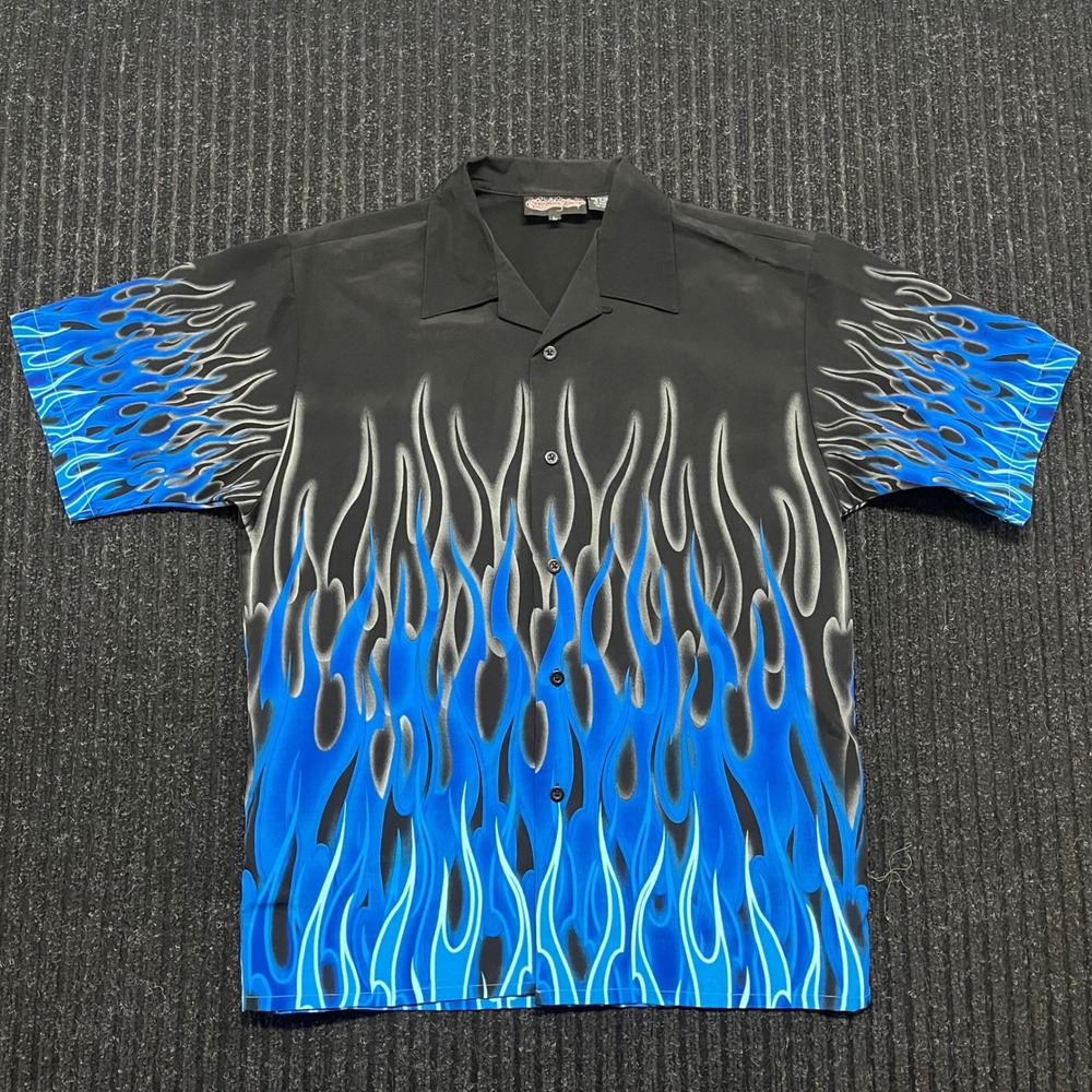 Sapphire Lounge Mens Blue Flame Shirt Large Black Short Sleeve Button Up Y2K